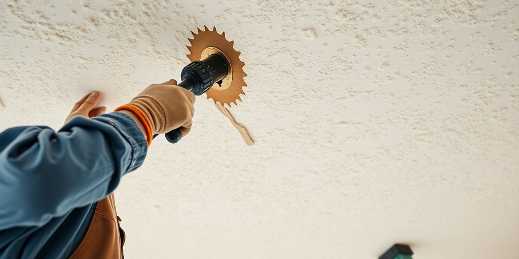 Contractor removing popcorn ceiling with tools and safety gear.