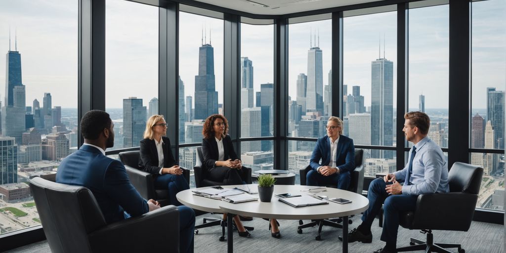 Business team discussing managed services in Chicago office.