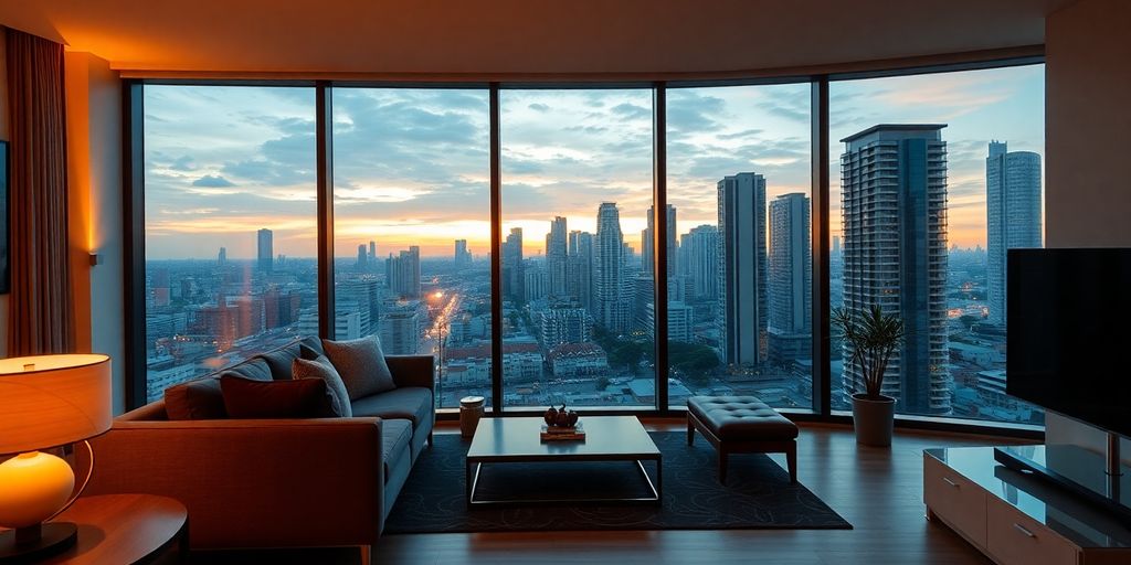 Modern apartment interior, Manila skyline backdrop.