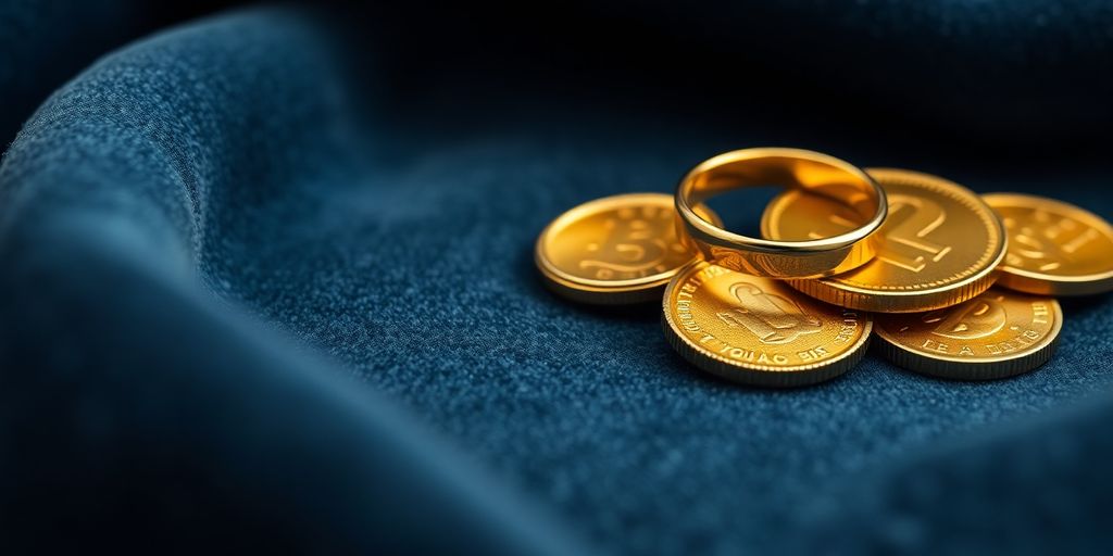Bague en or avec des pièces sur tissu velouté.