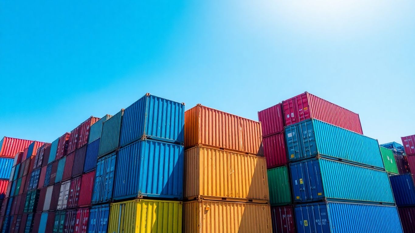 Shipping containers in a sunny, industrial yard.