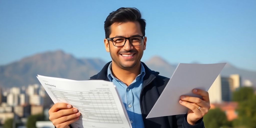 Hombre autónomo sonriendo con documentos en Chile.