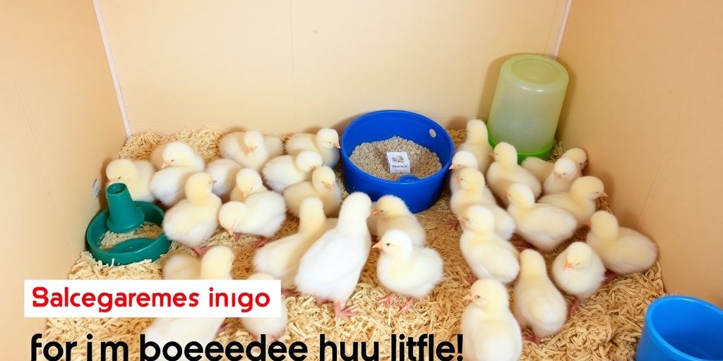 Brooder with fluffy chicks and essential supplies for raising.