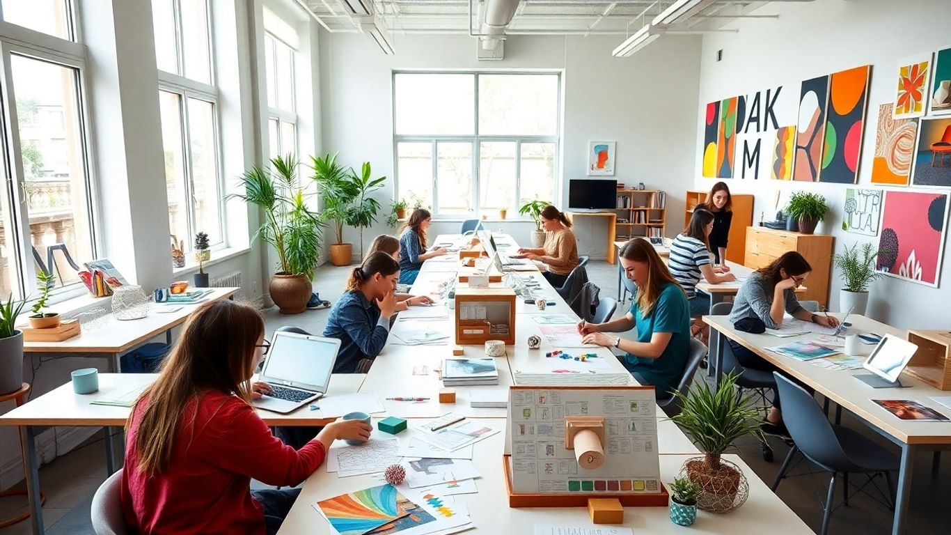 Students designing interiors in a bright modern classroom