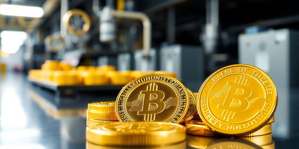 Pièces d'or brillantes sur fond flou de technologie.