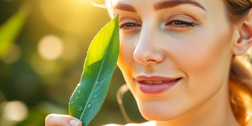 Woman with glowing skin holding a dew-kissed leaf.