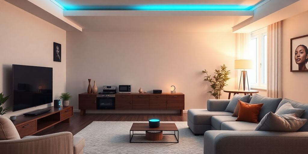 Smart home hub and devices in a modern living room.