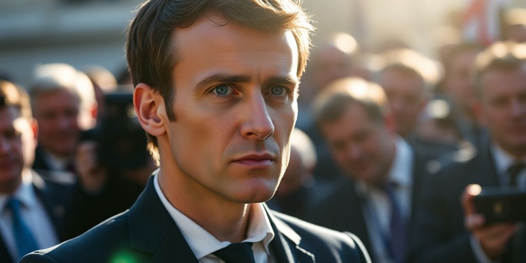 Emmanuel Macron, visage déterminé, debout face à l'assemblée.