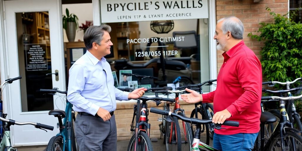 Bicycle accident attorney consulting a client outside law office.