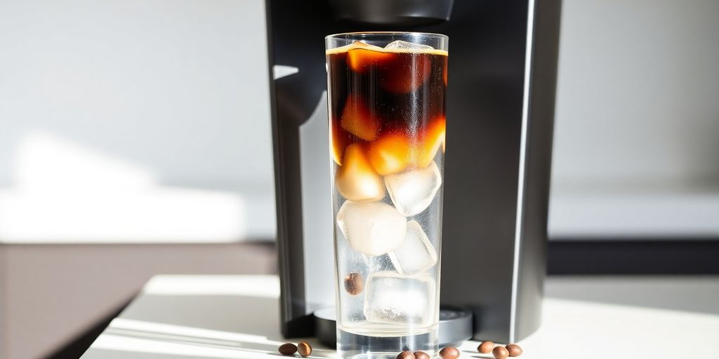 Iced coffee maker with a full glass of iced coffee.
