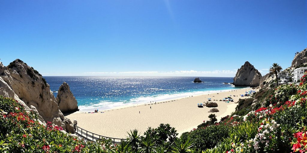 Sunny Cabo beach with umbrellas and clear blue water.