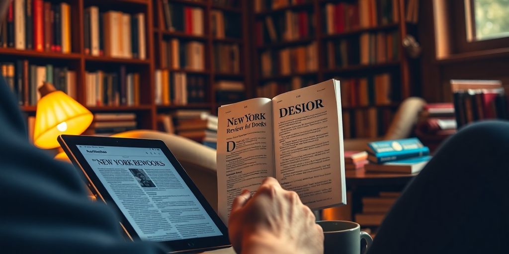 Person reading New York Review of Books on a tablet.