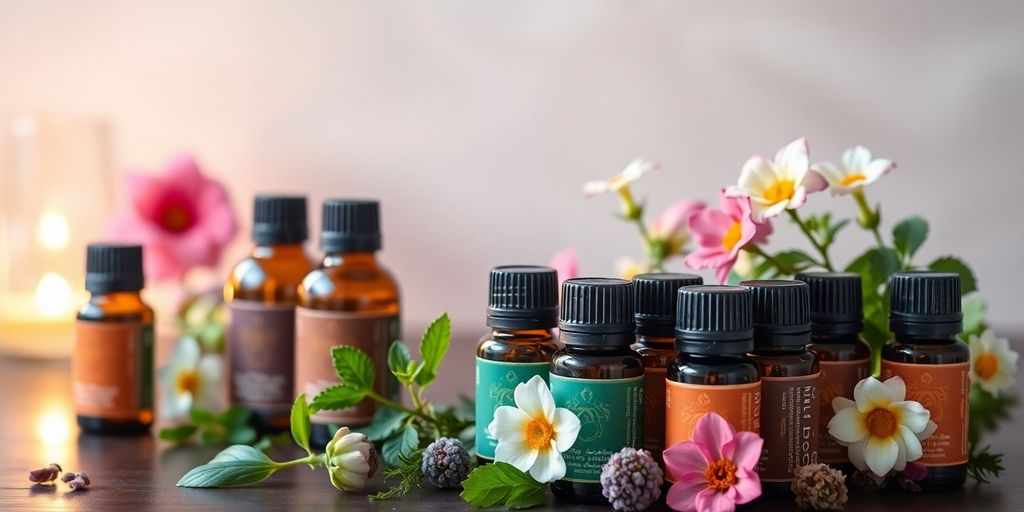 Bouteilles d'huiles essentielles avec des herbes fraîches.