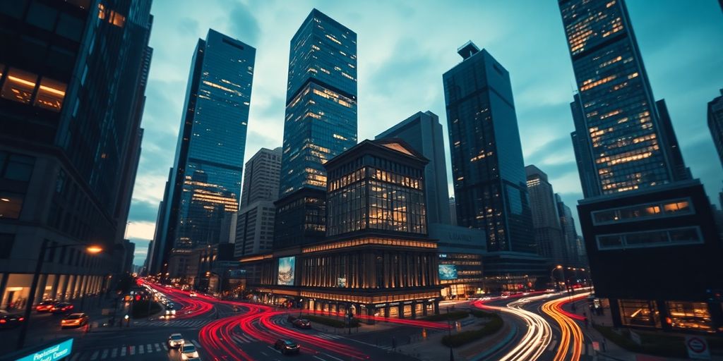 Modern financial district at twilight, illuminated skyscrapers, busy street light trails.