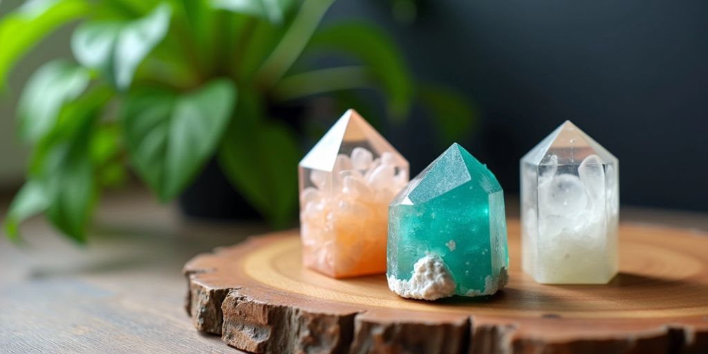 Cristalli su superficie di legno con pianta verde