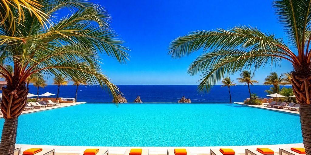 Luxury resort pool, ocean vista, Cabo San Lucas.