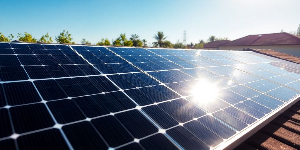 Panneaux solaires sur un toit de maison, avec soleil radieux.