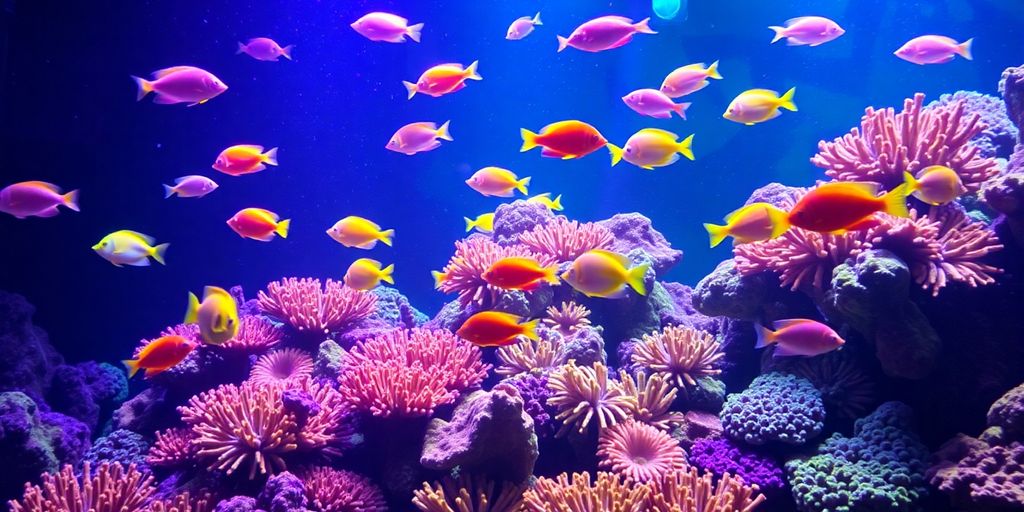 Colorful aquarium reef lights with tropical fish and coral.