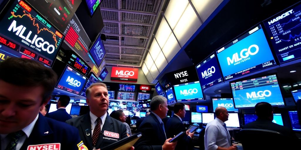 Traders engaged in trading activity on a busy trading floor.
