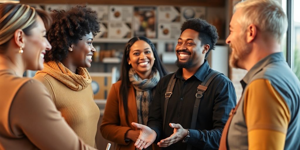 People connecting and smiling, fostering trust.
