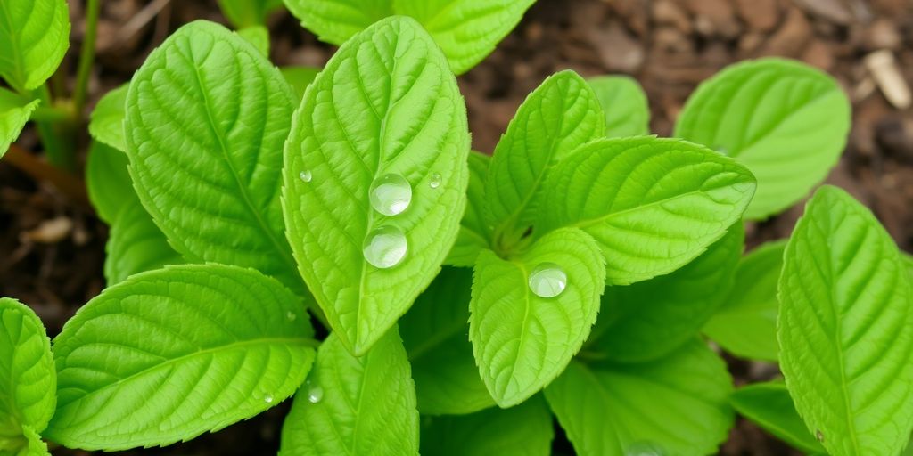 Nærbilde av grobladblader med dråper.