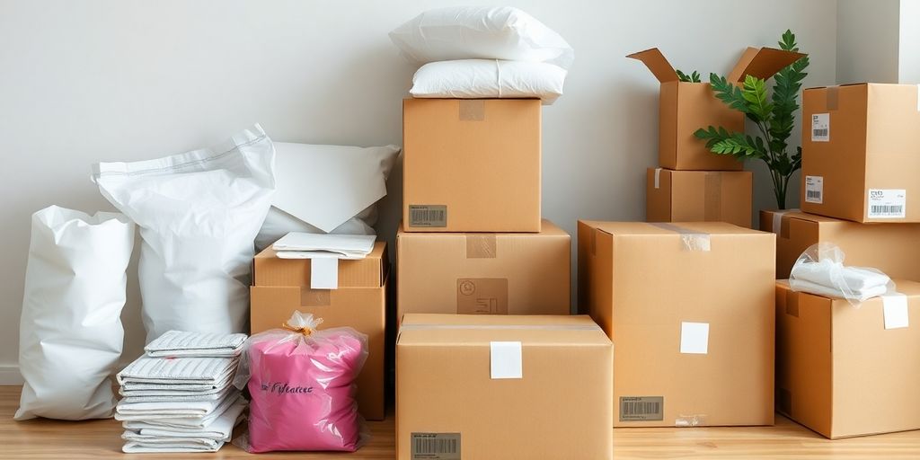 Boîtes d'expédition et matériaux d'emballage pour la vente en ligne.