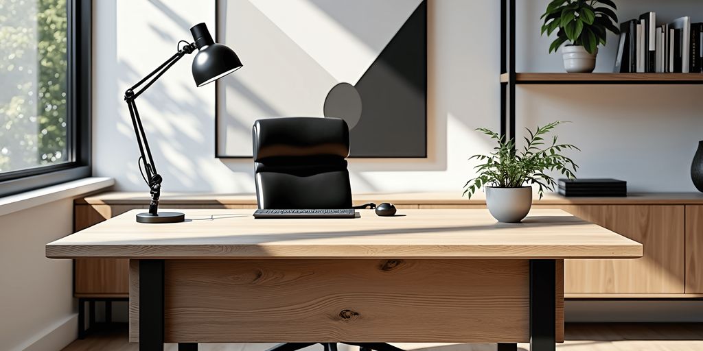Modern office space with a wooden desk, chair, and plants.