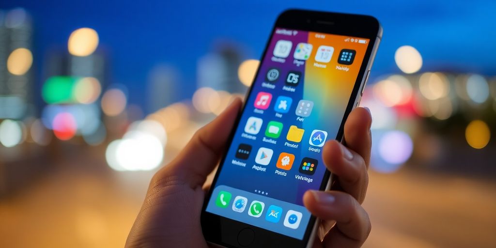 Main tenant d'un smartphone avec des icônes d'applications colorées.