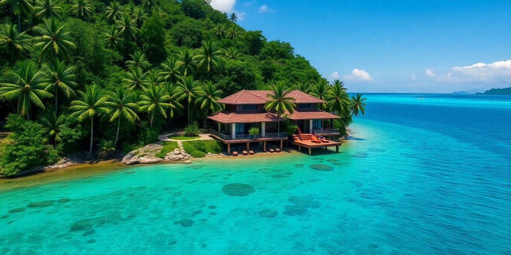 Luxury resort with ocean view and tropical landscaping.
