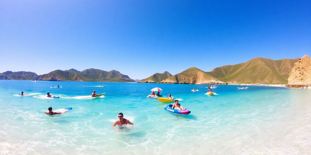 People enjoying water sports under sunny Cabo skies.