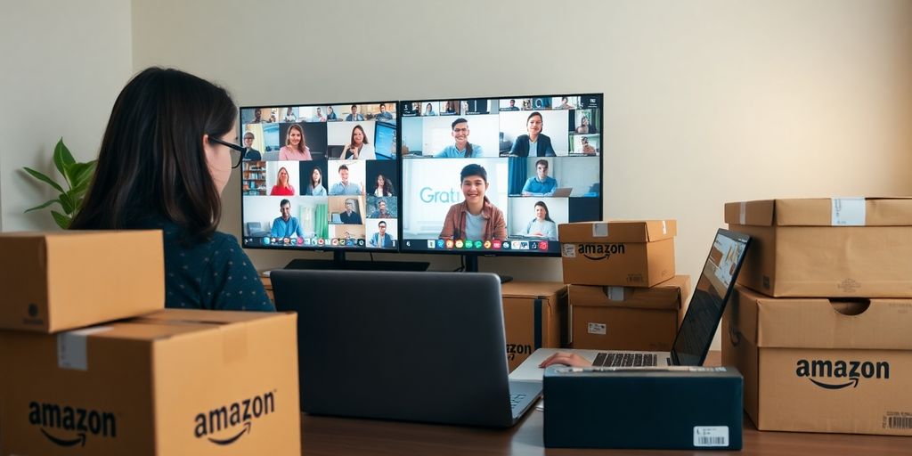 Amazon boxes, computer, and diverse remote workers.