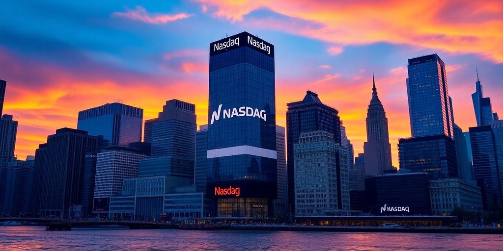 City skyline with Nasdaq building at sunset.