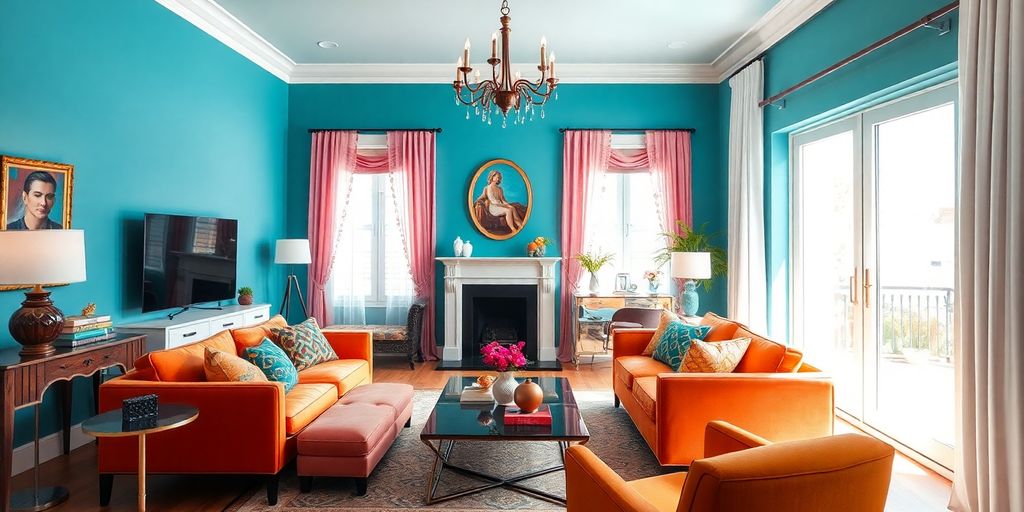 Brightly decorated living room with modern furniture and decor.