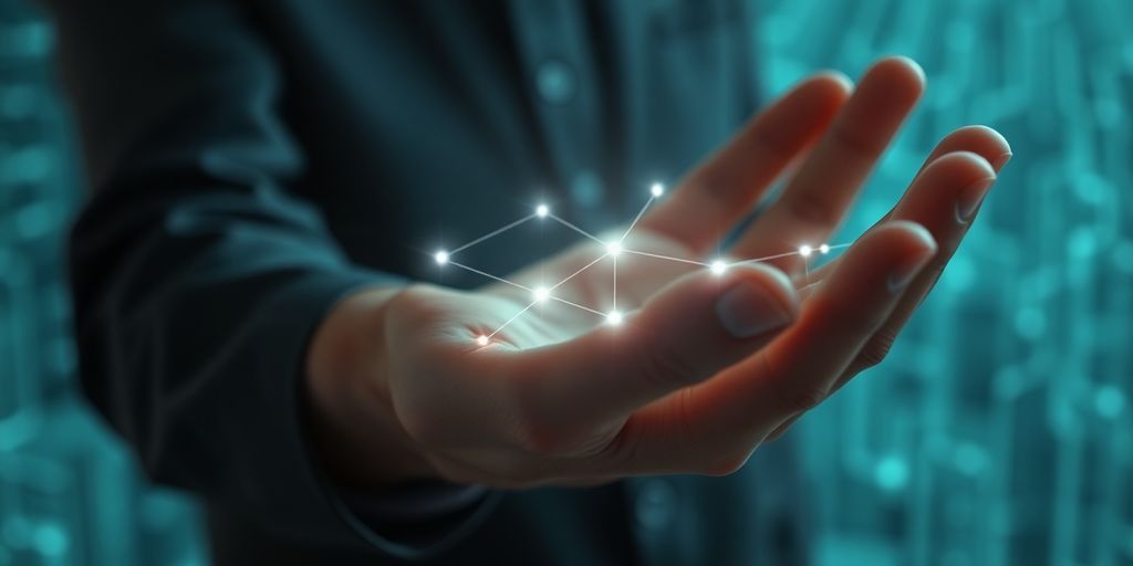 Blockchain technology intertwines with auditor's hand.