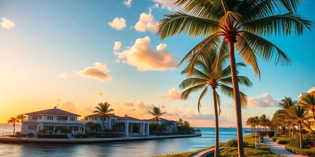 Luxurious Bal Harbour mansions by the ocean at sunset.