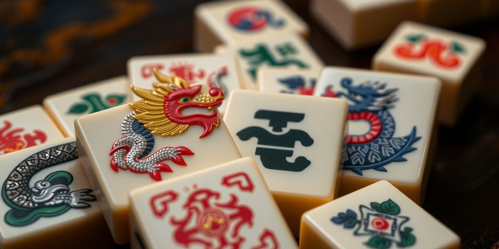 Intricately designed Mahjong dragon tiles on dark background.