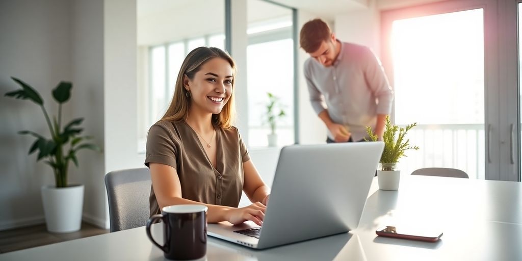 Smiling businesswoman using laptop in bright modern office with coworker.
