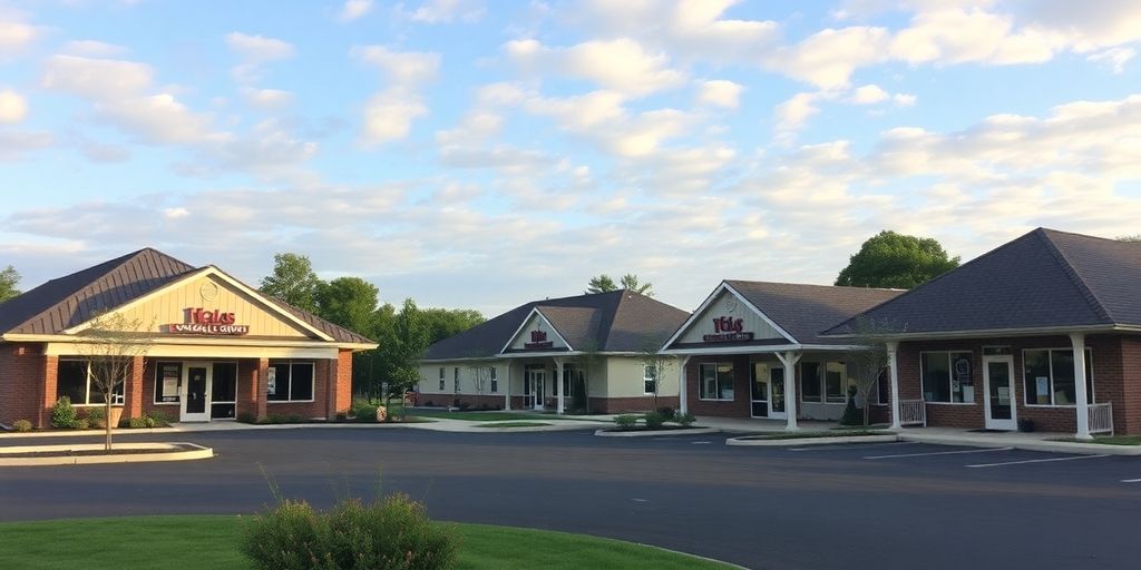 Row of funeral homes in a peaceful neighborhood setting.