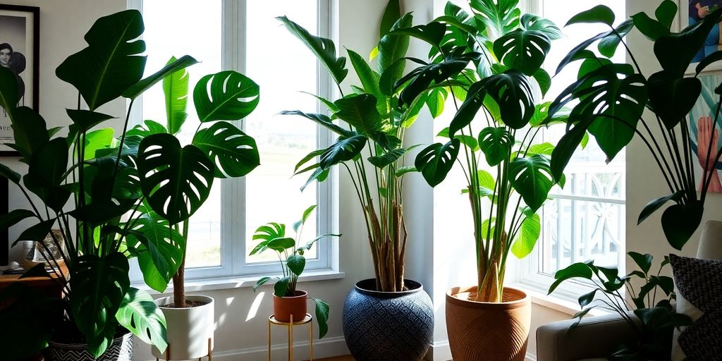 Large indoor plants enhance modern home decor.