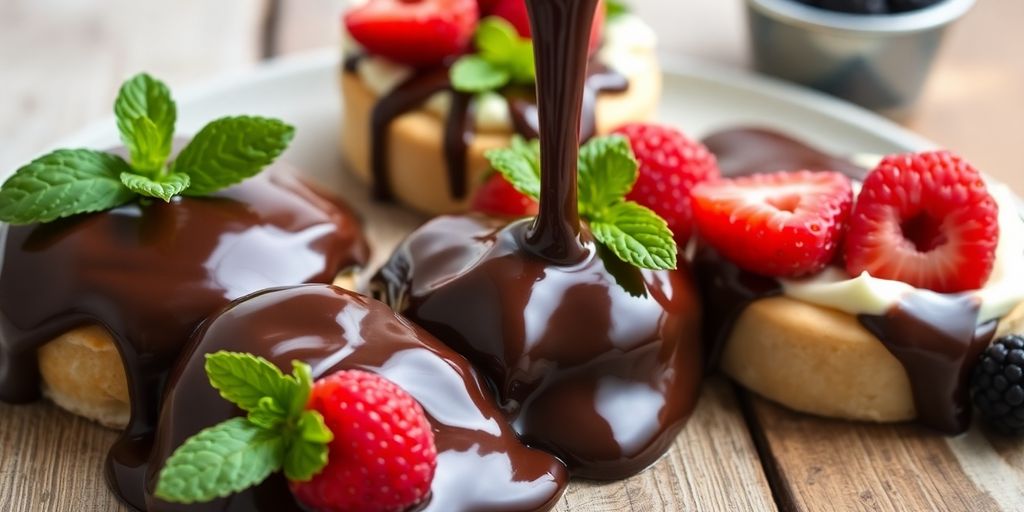Close-up of shiny chocolate ganache on dessert.