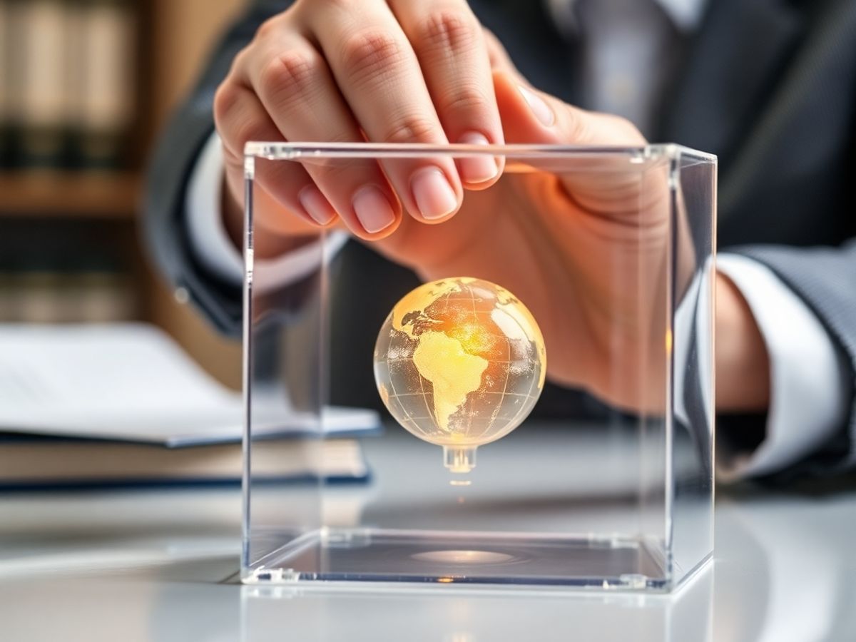 Mână protejând simbolul proprietății intelectuale într-un seif transparent.