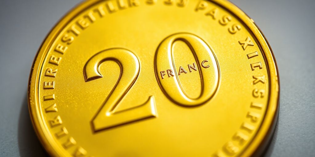 Une pièce d'or de 20 francs suisses à la lumière.