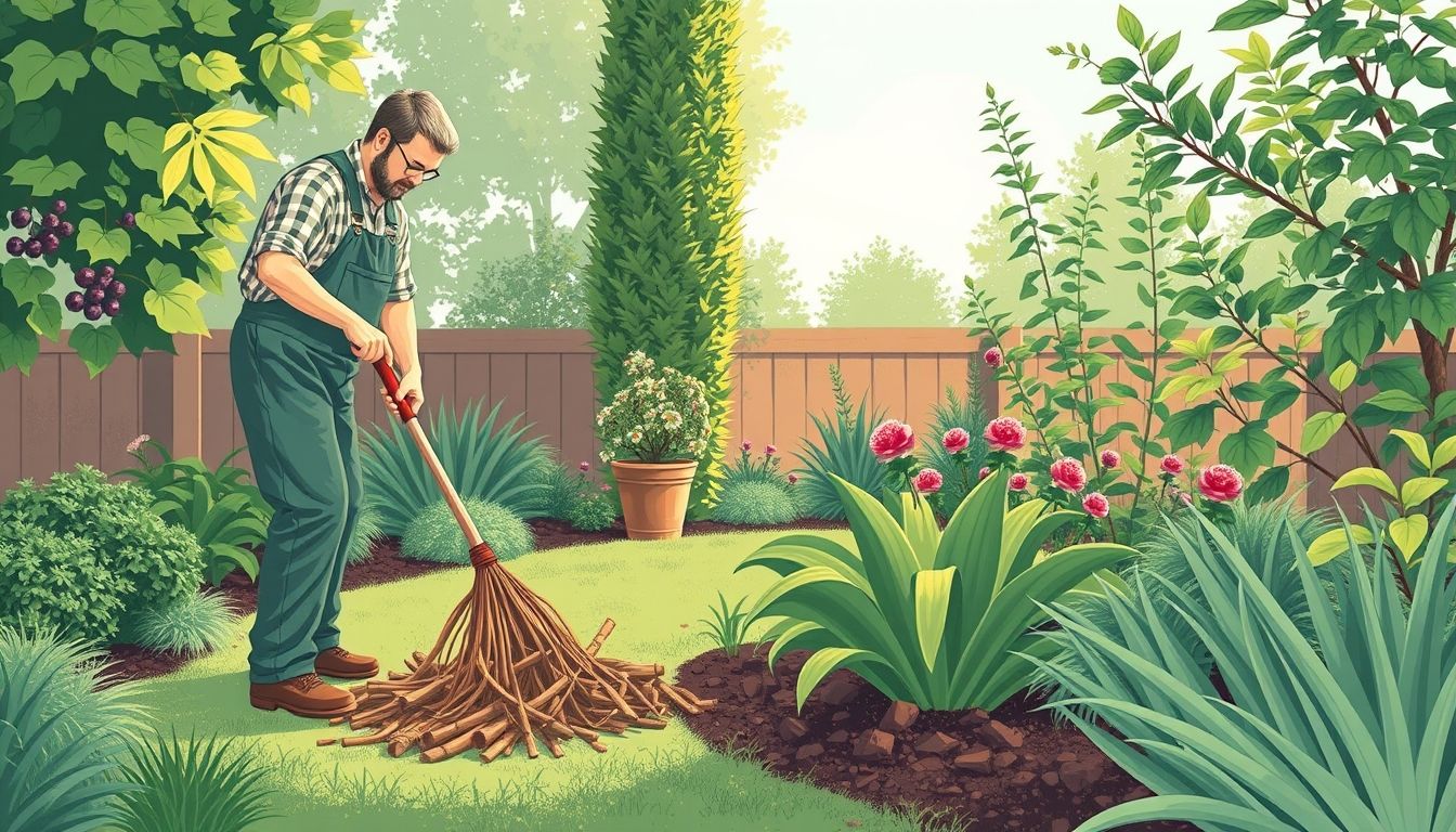 Gardener tidying up a garden