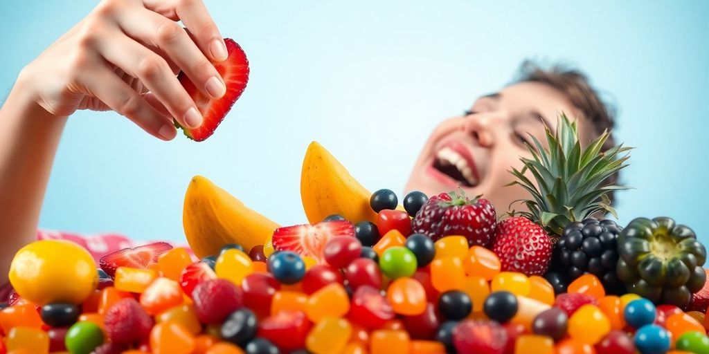 Person happily eating fruit, rejecting candy.