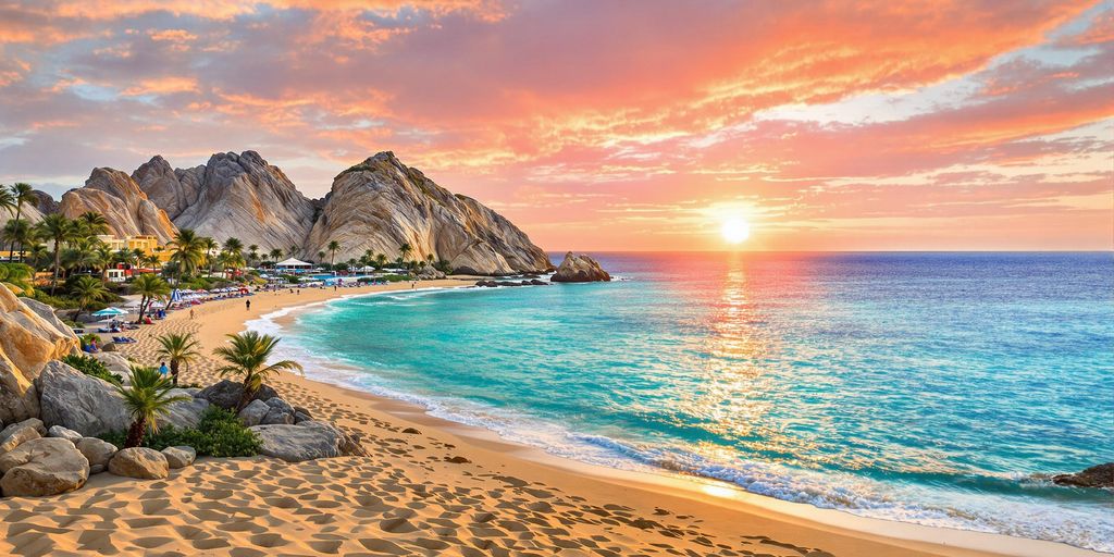 Scenic beach in Los Cabos with sunset and palm trees.