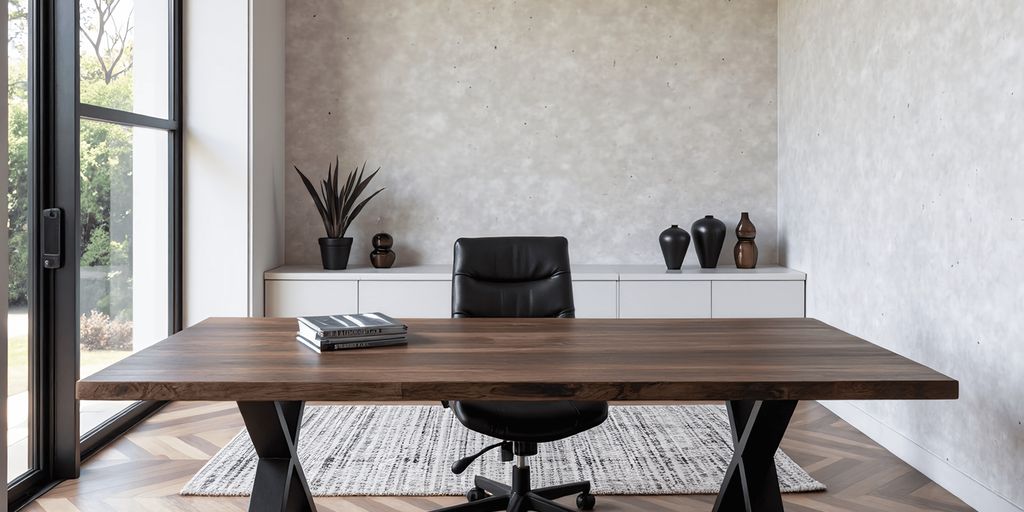 Modern office with a wooden desk, chair, and minimalist décor.