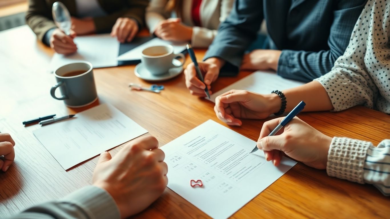 People completing questionnaires together at a table