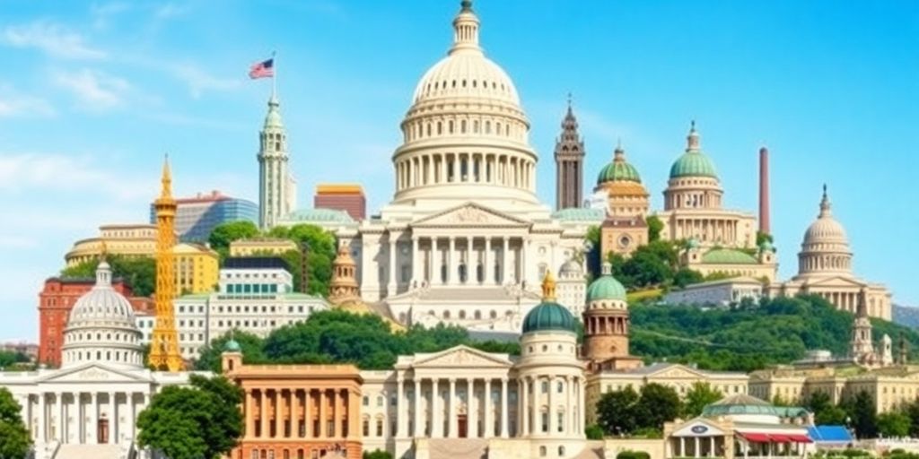 Collage of U.S. state capitals' iconic landmarks.