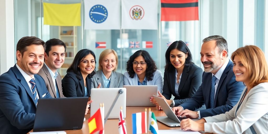 Diverse officials collaborating with technology in government setting.