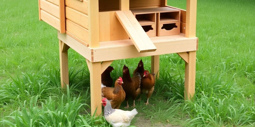 Elevated chicken coop with hens pecking underneath.